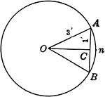 Circle with chord AB=2 ft. and radius OA = 3 ft.. Triangle AOC is a right triangle. Angle AOC=half angle AOB, and the central angle AOB has the same measure as the arc AnB.