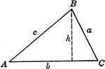 Triangle ABC with sides a,b,c labeled and angles A,B,C labeled and h labeled as height.
