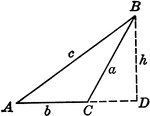 Triangle ABC with sides a,b,c labeled and angles A,B,C labeled and h labeled as height.