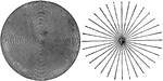 Lines for the detection of astigmatism. "The refracting surfaces of the eye acting together are equivalent in refracting power to a single, spherical surface of fairly short curvature. Frequently, however, the result is not the same as would be given by a perfect spherical surface, owing to inequalities in the curvature of the eye. In one direction the curvature may be greater than that at right angles to it. This tendency to a cylindrical form is called astigmatism. It interferes with the formation of perfect images and sometimes leads to serious eye strain in the effort to better the vision. Astigmatism may be detected by looking at black lines radiating from a point or at fine black concentric circles. Portions of the liens or circles appear gray and others black; the gray portions are out of focus. This defect is corrected by proper cylindrical glasses which equalize the curvature of the eye" &mdash; Newell, 1900