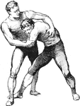 Two men wrestling.