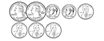 This mathematics ClipArt gallery offers 100 illustrations of United States coins that add up to values from one cent to one dollar.