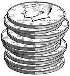 This mathematics ClipArt gallery offers 10 images of the United States currency known as the half dollar or fifty cent piece. Illustrations include the front of the coin in perspective as well as stacks containing from 1 to 10 half dollars.