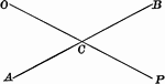Illustration of two lines intersecting at a point. This can be used to show vertical angles.