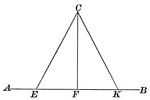 Illustration of two straight lines drawn from a point in a perpendicular to a given line, cutting off on the given line equal segments from the foot of the perpendicular, are equal and make equal angles with the perpendicular. This illustration can be used to show the proof.