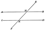 Illustration showing that when two parallel lines are cut by a transversal, the exterior-interior angles are equal.