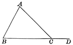 Illustration showing a triangle with an exterior segment drawn to show and exterior angle. This can be shown to show adjacent angles ACB and ACD as well.
