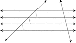 Illustration showing that when three or more parallel lines intercept equal parts on one transversal, they intercept equal parts on every transversal.