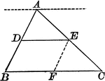 Illustration of a triangle showing that when a line parallel to the base of a triangle bisects one side, it bisects the other side also.