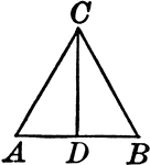 Illustration to show that the bisector of the vertical angle of an isosceles triangle bisects the base, and is perpendicular to the base.