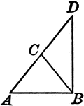 Illustration to show that if one of the legs of an isosceles triangle is produced through the vertex by its own length, the line joining he end of the leg produced to the nearer end of the base is perpendicular to the base.
