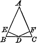 Illustration to show the perpendiculars dropped from the midpoint of the base to the legs of an isosceles triangle are equal.
