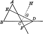 Illustration to show that the difference of the distances from any point in the base produced of an isosceles triangle to the equal sides of the triangle is constant.