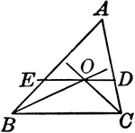 Illustration to show if the bisector of the base angles of a triangle are drawn, and through their point of intersection a line is drawn parallel to the base, the length of this parallel between the sides is equal to the sum of the segments of the sides between the parallel and the base.