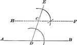 Illustration of the construction used to create straight line parallel to a given straight line through a given external point.