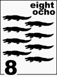 Bilingual Counting Card featuring illustrations of eight Florida Alligators.