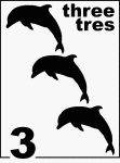 Bilingual Counting Card featuring illustrations of three Dolphins.