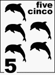 Bilingual Counting Card featuring illustrations of five Dolphins.
