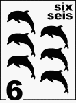 Bilingual Counting Card featuring illustrations of six Dolphins.