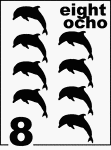 Bilingual Counting Card featuring illustrations of eight Dolphins.