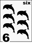 English Counting Card featuring illustrations of six Dolphins.