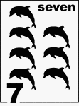 English Counting Card featuring illustrations of seven Dolphins.