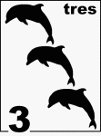 Spanish Counting Card featuring illustrations of three Dolphins.