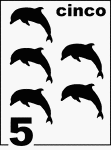 Spanish Counting Card featuring illustrations of five Dolphins.