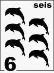 Spanish Counting Card featuring illustrations of six Dolphins.