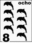 Spanish Counting Card featuring illustrations of eight Dolphins.