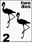 Bilingual Counting Card featuring illustrations of two Flamingos.