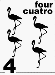 Bilingual Counting Card featuring illustrations of four Flamingos.