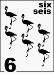 Bilingual Counting Card featuring illustrations of six Flamingos.