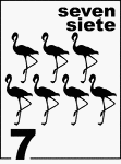 Bilingual Counting Card featuring illustrations of seven Flamingos.