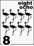Bilingual Counting Card featuring illustrations of eight Flamingos.