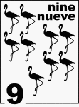 Bilingual Counting Card featuring illustrations of nine Flamingos.