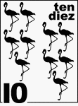 Bilingual Counting Card featuring illustrations of ten Flamingos.