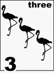English Counting Card featuring illustrations of three Flamingos.