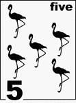 English Counting Card featuring illustrations of five Flamingos.