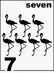 English Counting Card featuring illustrations of seven Flamingos.