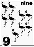 English Counting Card featuring illustrations of nine Flamingos.