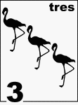 Spanish Counting Card featuring illustrations of three Flamingos.