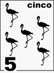 Spanish Counting Card featuring illustrations of five Flamingos.