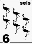 Spanish Counting Card featuring illustrations of six Flamingos.