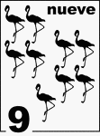 Spanish Counting Card featuring illustrations of nine Flamingos.