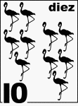 Spanish Counting Card featuring illustrations of ten Flamingos.