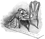 Girl playing with doll on chair.