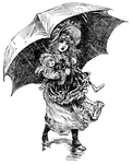 Girl walking in rain with doll and umbrella.