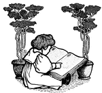 Girl reading by potted plants.