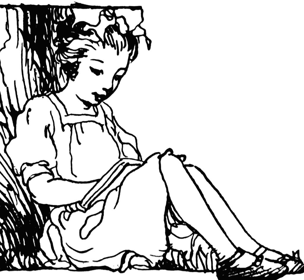 little girl reading clipart black and white